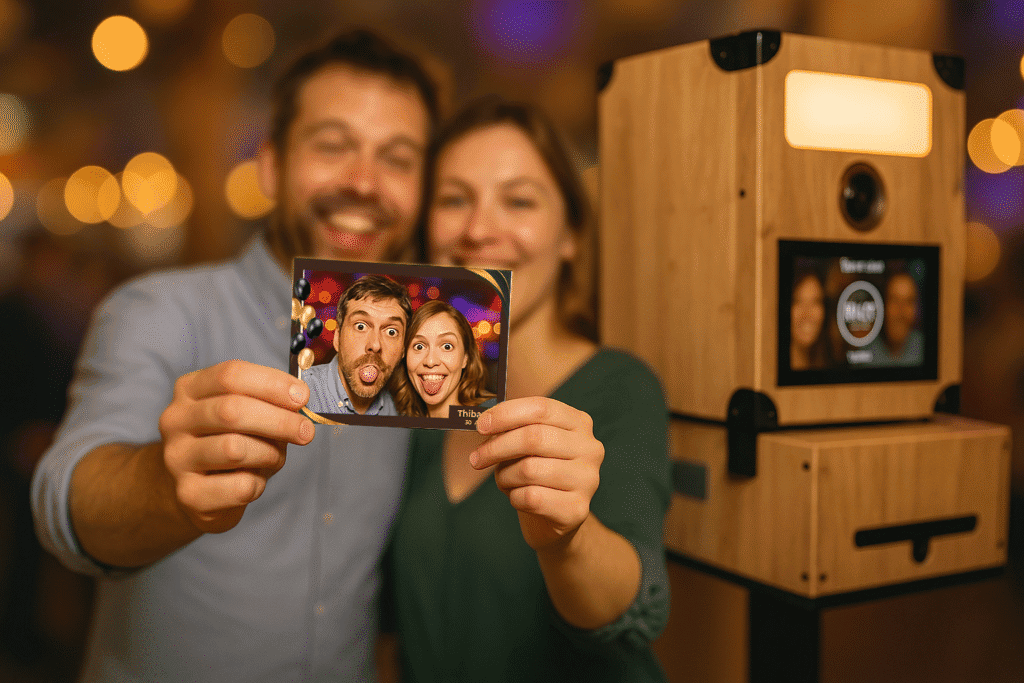 couple posant devant la photobox avec leur photo imprimée PixMyEvent