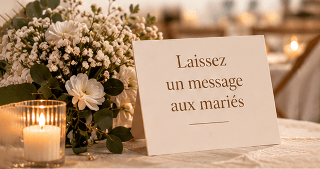 Panneau « Laissez un message aux mariés » à côté du livre d'or vidéo